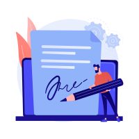 Electronic signature technology. Operation validation, digital signing, electronic documents verification. Virtual agreement confirmation. Vector isolated concept metaphor illustration